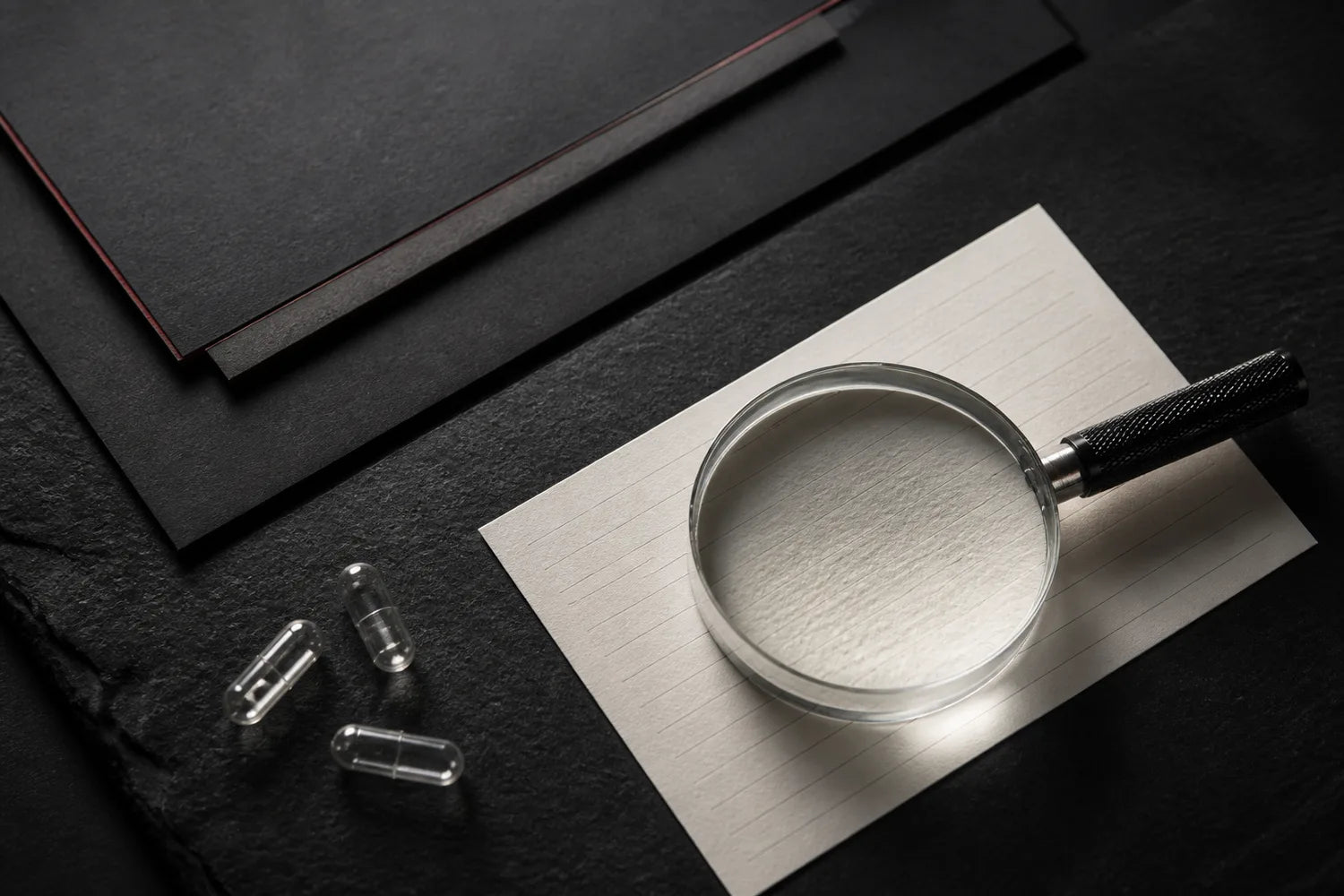 Magnifying glass resting on a blank ruled card beside clear capsule shells.
