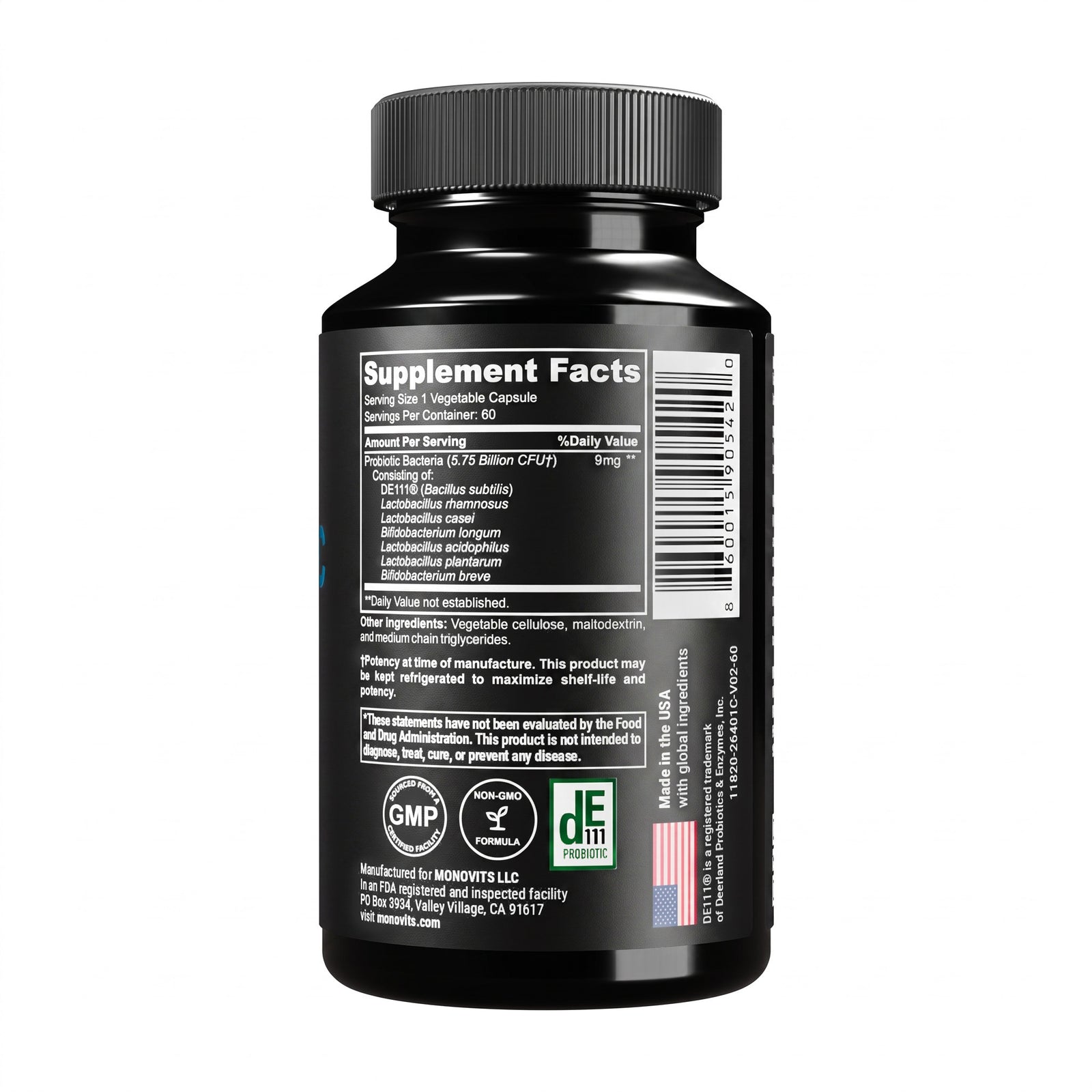 Monovits Advanced Probiotic — glossy black bottle, detail view