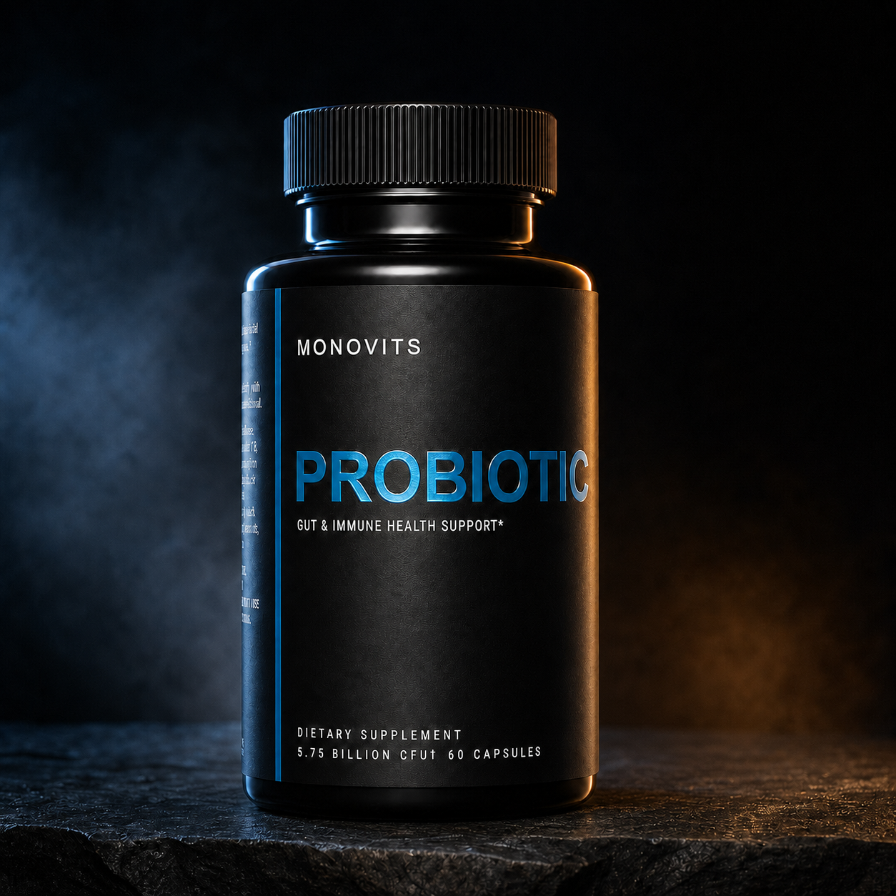 Monovits Advanced Probiotic — dark ingredient hero.