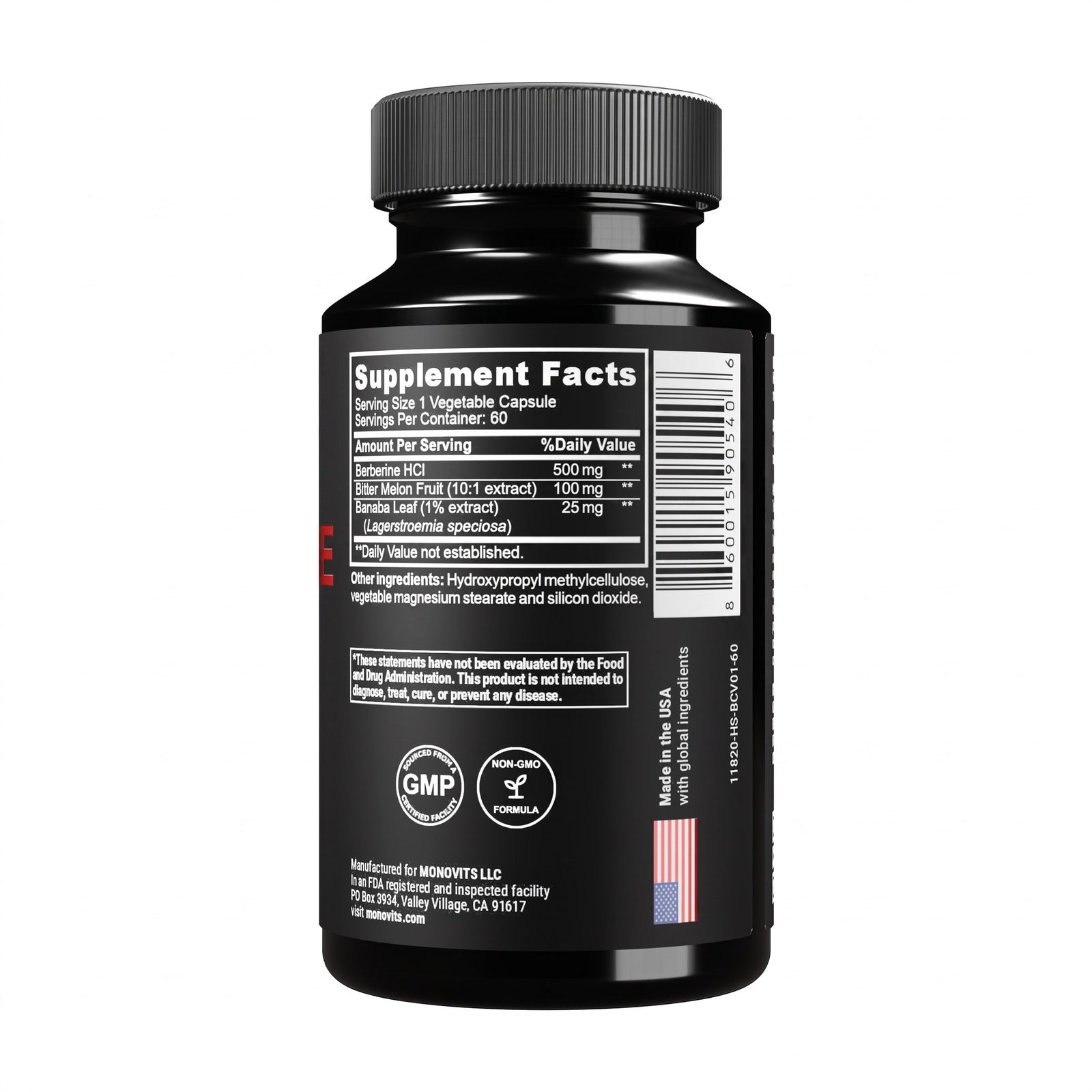 Monovits Berberine Complex — glossy black bottle, detail view