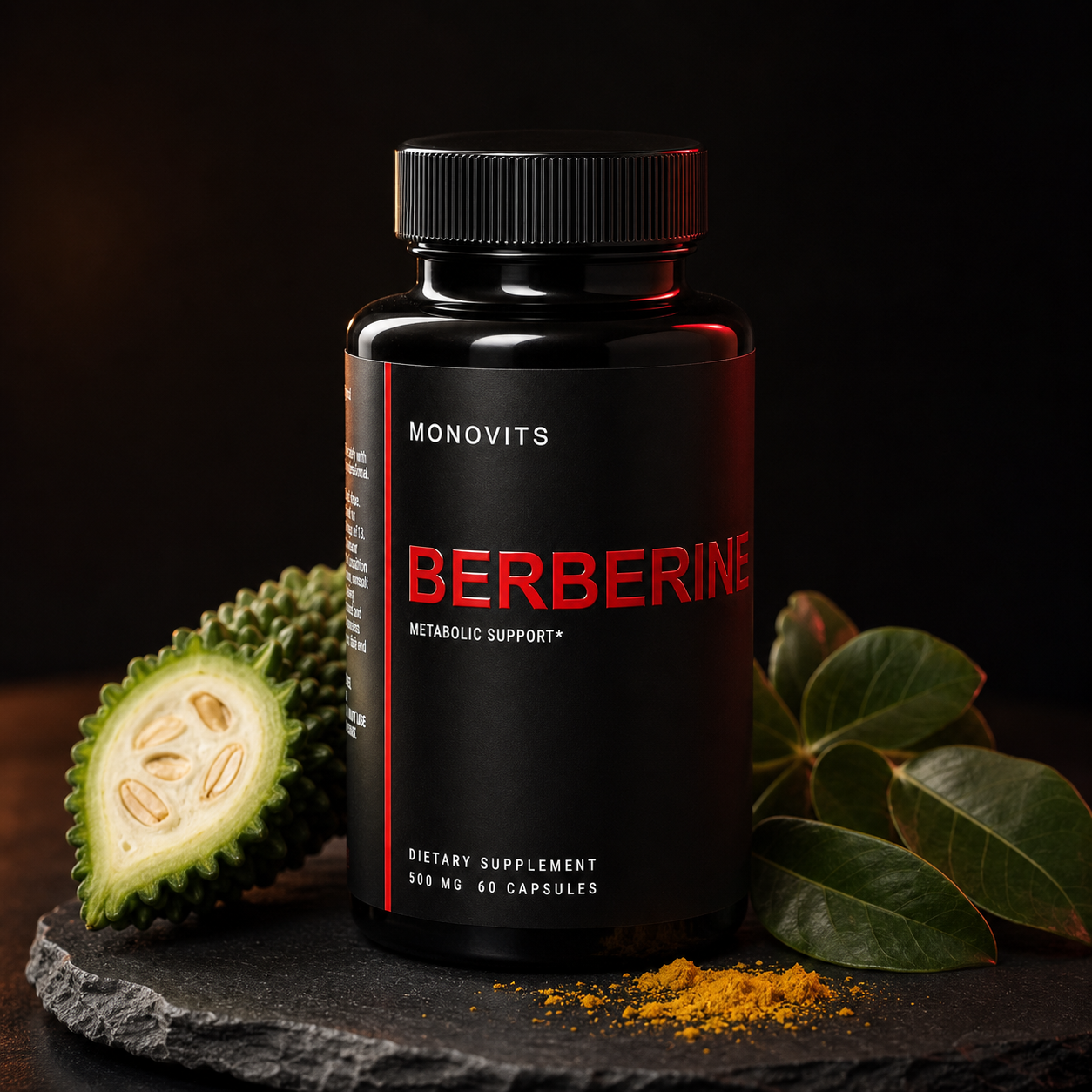 Monovits Berberine Complex — dark ingredient hero.