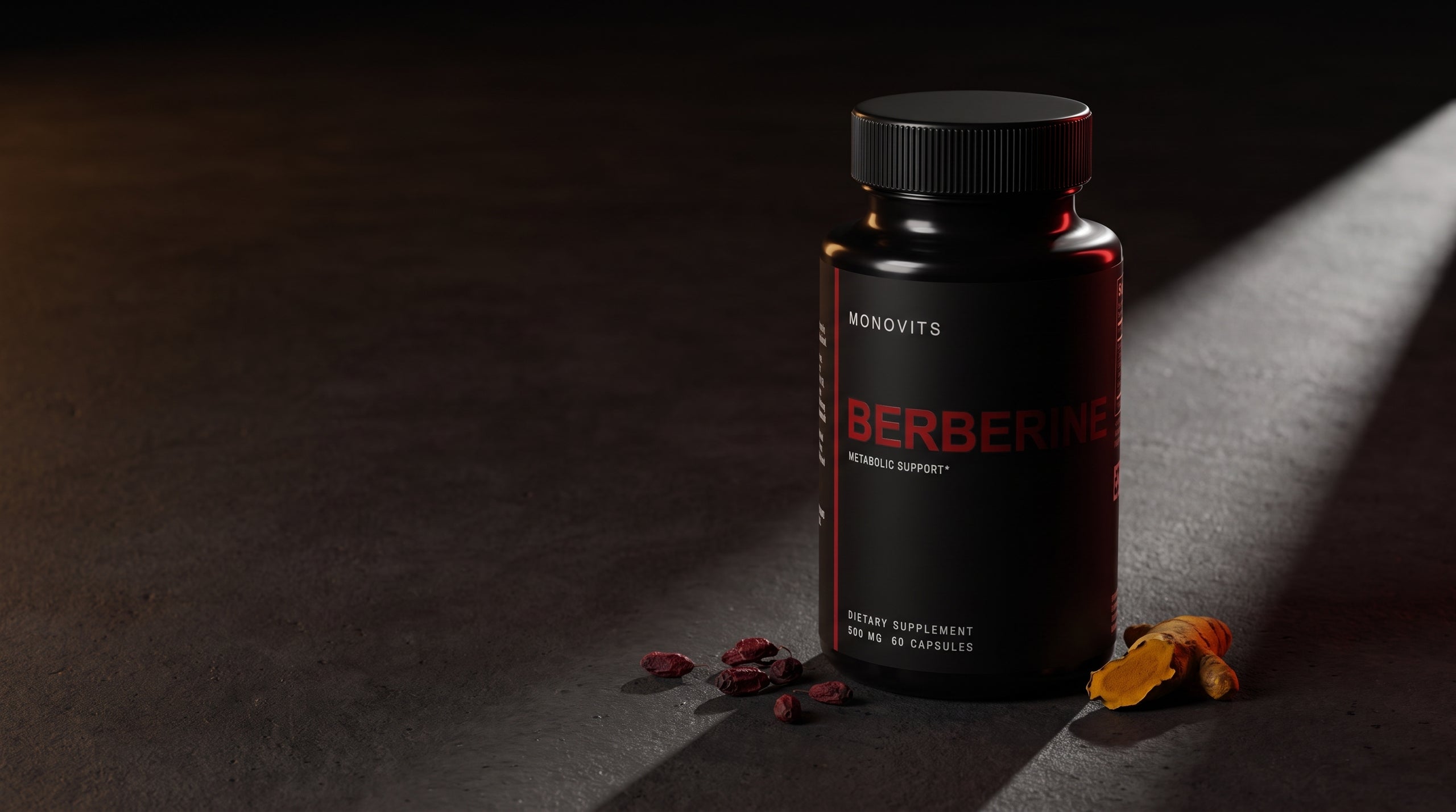 A Monovits Berberine bottle on dark concrete, lit by a single shaft of light, with dried barberries beside it.