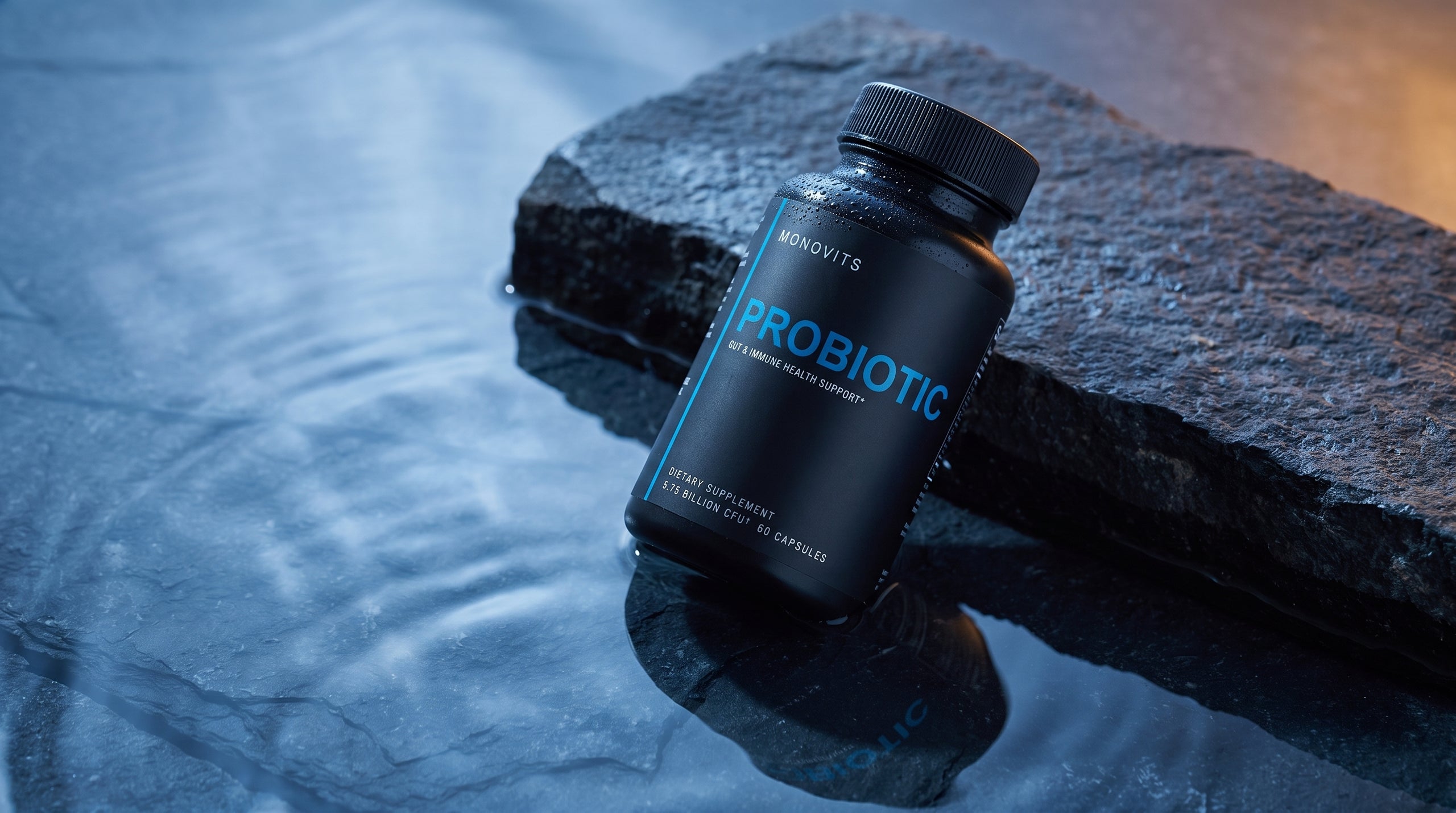 A Monovits Advanced Probiotic bottle resting on wet dark stone at the edge of still water.