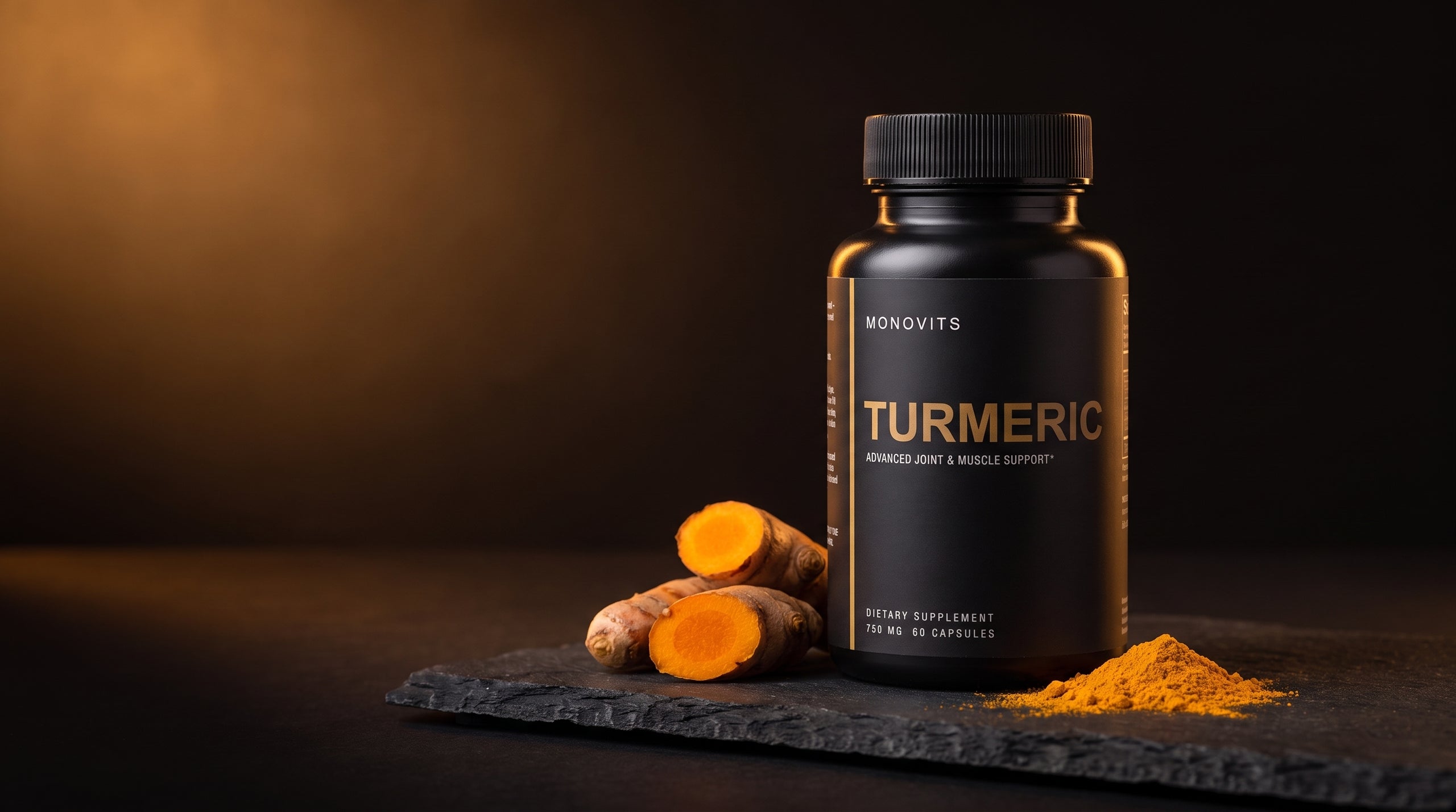 A Monovits Turmeric bottle on a slate slab with fresh turmeric root and ground turmeric, in warm amber light.