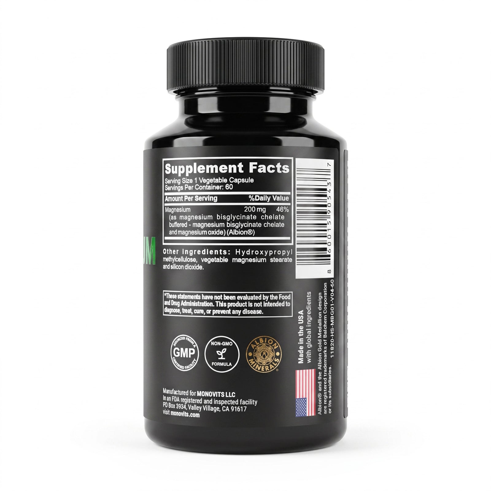 Monovits Magnesium Bisglycinate — glossy black bottle, detail view