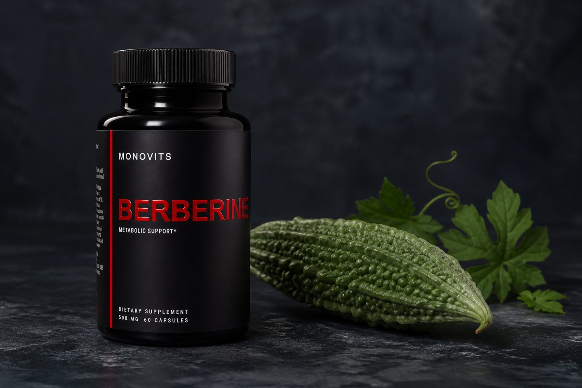 Berberine bottle on dark stone with whole bitter melon and banaba leaf.