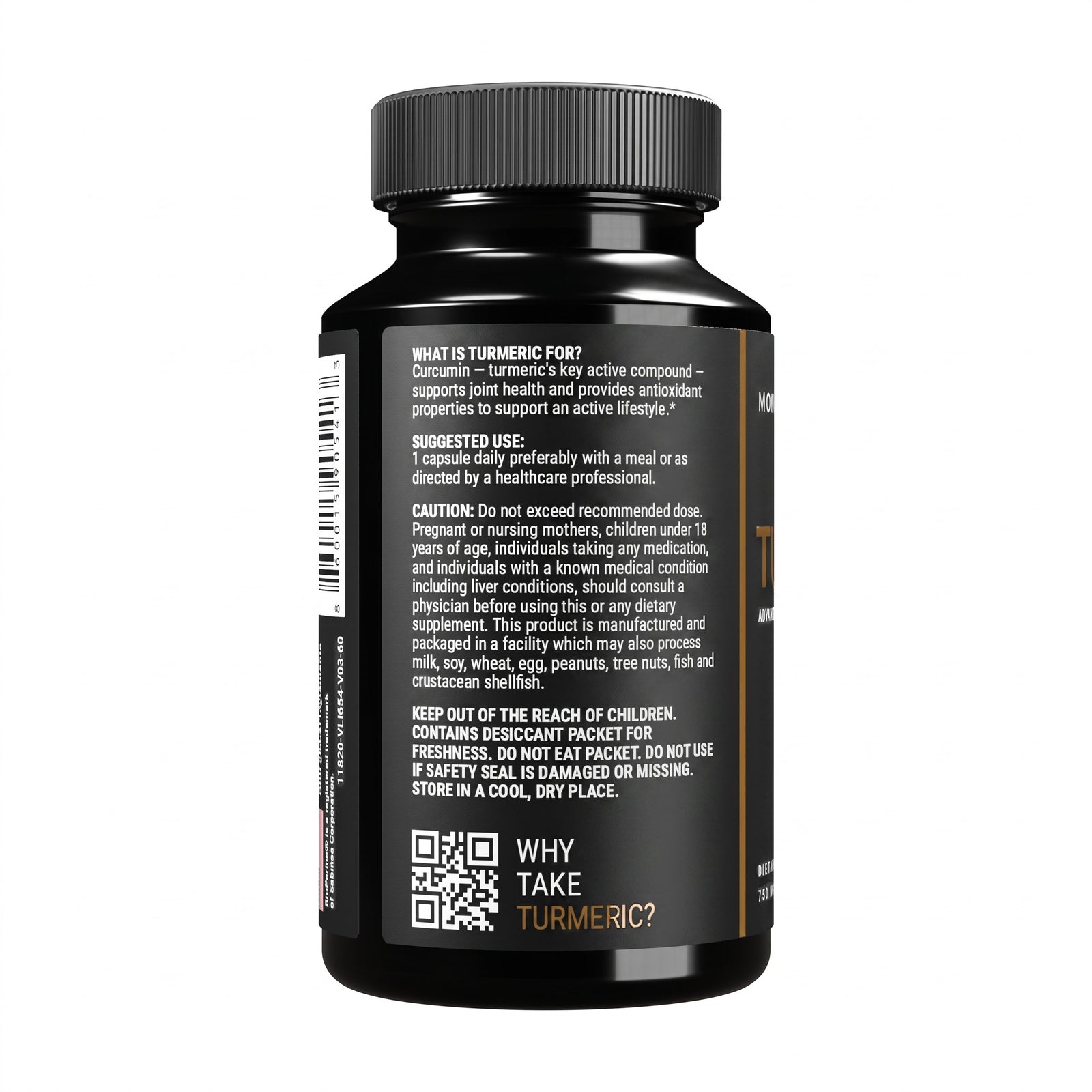 Monovits Turmeric 750mg — glossy black bottle, alternate view