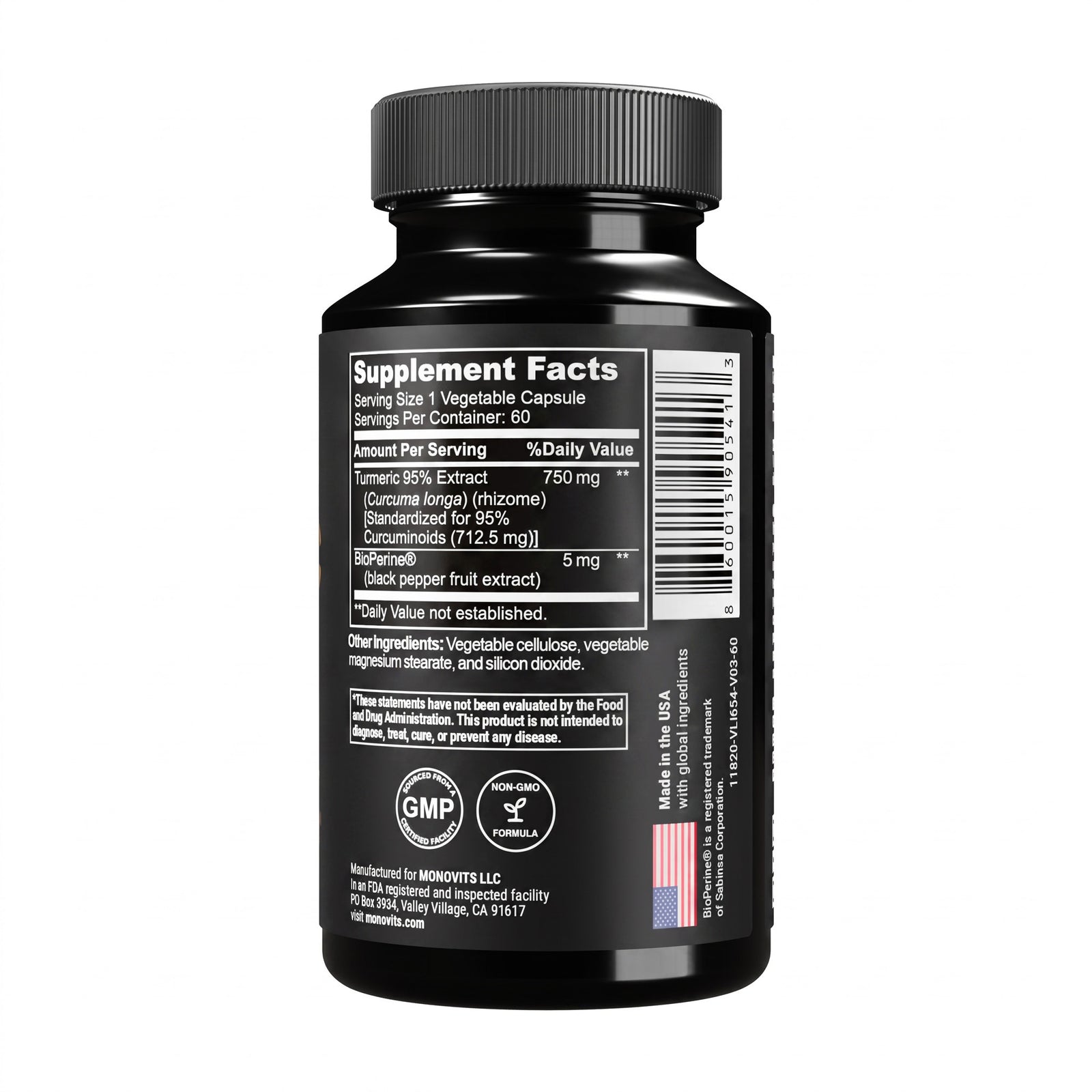 Monovits Turmeric 750mg — glossy black bottle, detail view