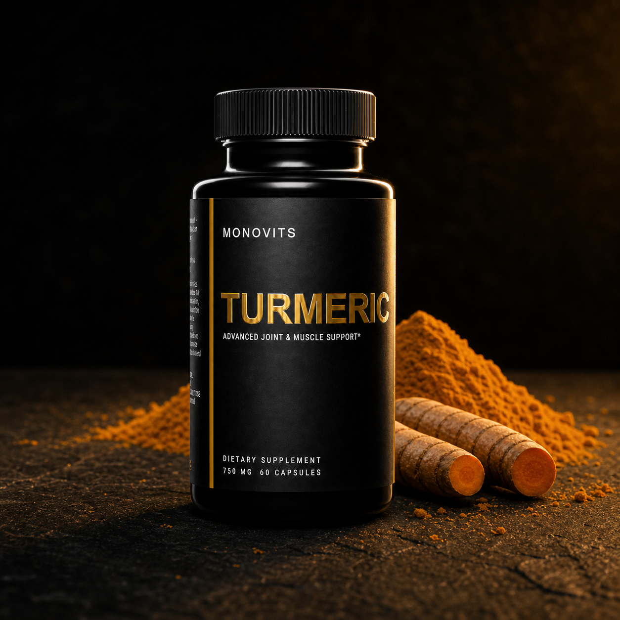 Monovits Turmeric 750mg — dark ingredient hero.